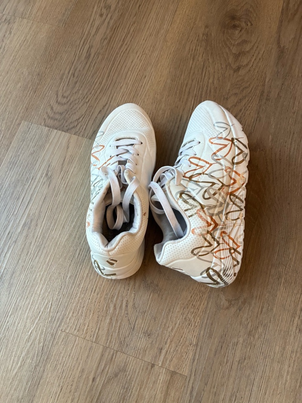 White Athletic Sneakers with Orange and Olive Scribble Design